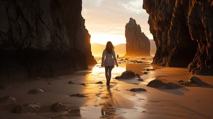 Poster - A woman walking on a beach at sunset. Generative AI image.