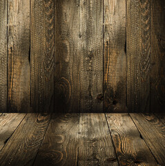 Wall Mural - Natural Dark Wooden background. Old dirty wood tables or parquet with knots and holes and aged partculars.