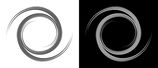 Circle abstract background with lines in spiral. Illusion of dynamic transition. Black lines on a white background and white lines on the black side.