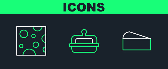 Sticker - Set line Cheese, and Butter in a butter dish icon. Vector