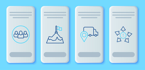 Poster - Set line Mountains with flag, Delivery tracking, Project team base and Many ways directional arrow icon. Vector