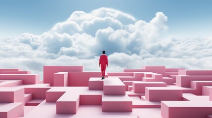 Wall Mural - A man in a red suit standing in a pink maze. Generative AI image.