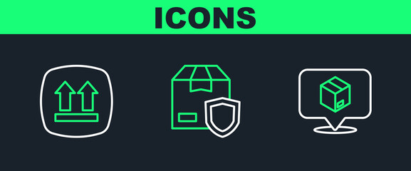 Sticker - Set line Location with cardboard box, This side up and Delivery security shield icon. Vector