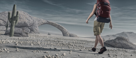 Wall Mural - Tourist with a  backpack walks through desert. This is a 3d render illustration