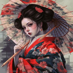 Wall Mural - Generative ai. Attractive geisha in black kimono with flowers.