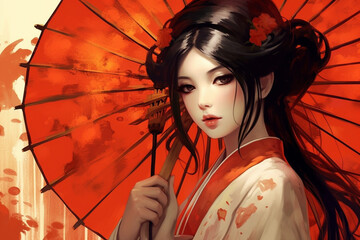 Wall Mural - Generative ai. Attractive geisha in black kimono with flowers.