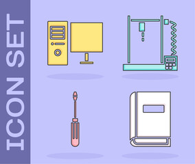 Sticker - Set User manual, Computer monitor, Screwdriver and 3D printer icon. Vector