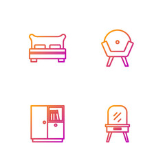 Sticker - Set line Dressing table, Wardrobe, Big bed and Armchair. Gradient color icons. Vector