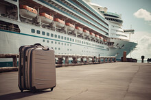 Gray Suitcase With Things On The Background Of A Cruise Liner.