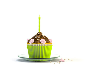 Canvas Print - 3d rendering of a delicious cupcake with a candle