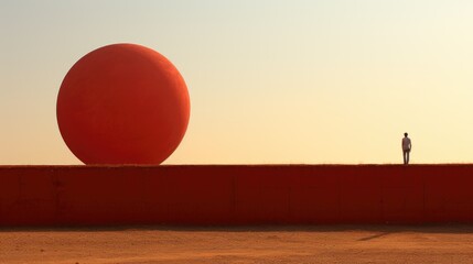 Wall Mural - A person standing in front of a large red object. Generative AI image.