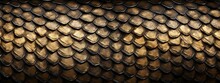 Animal Reptilian Background Banner - Closeup Of Abstract Gold Black Snake Skin Texture Pattern With Scale Detail (Generative Ai)