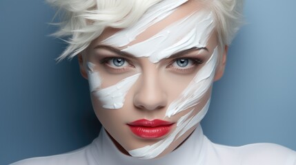 Wall Mural - A woman with white paint on her face. Generative AI image.