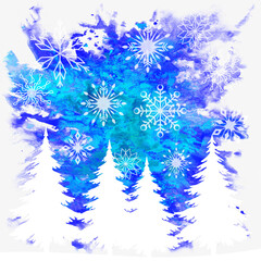 Poster - Christmas Background, Holiday Symbols, Fir Trees and Snowflakes White Contours on Blue Hand-Draw Watercolor Paintings