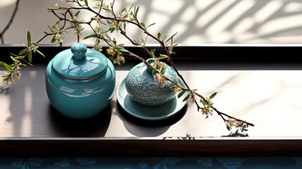 An antique blue Chinese ceramic turquoise blue vase, and a dark wooden serving tray on a white fabric tablecloth, interior design piece decoration