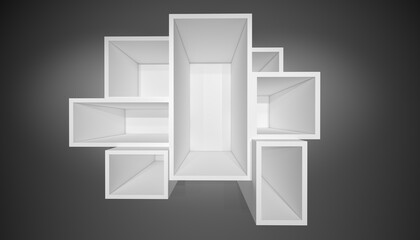 Wall Mural - Illuminated white shelf for presentations. Gray background. 3D illustration