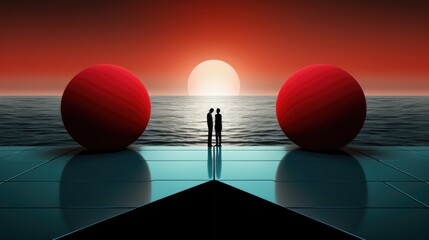 Two people standing in front of two red spheres. Generative AI image.