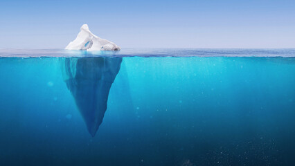 Wall Mural - white iceberg in clear blue water sea, under water view. iceberg - hidden danger and global warming 