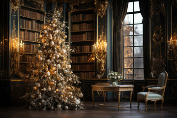 classic christmas elegance. majestic christmas tree adorned with classic decoration in an elegant ro