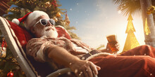 Tropical Christmas Retreat. A Tropical Christmas Scene With Santa Claus Lounging. Holiday Relaxation In A Paradise Setting Concept. AI Generative