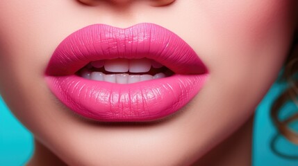 Poster - A close up of a woman's lips with bright pink lipstick. Generative AI image.