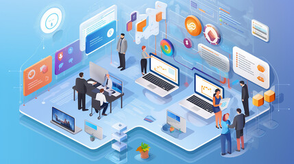  project management software, customer relationship management (CRM) systems, analytics dashboards, and communication platforms, isomeric vectors.Generative AI