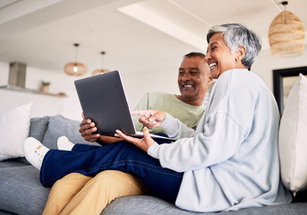 Sticker - Mature couple, laptop and relax on sofa in living room, download media and choice of watching movie together. Happy man, woman and computer for streaming online video, web subscription and internet