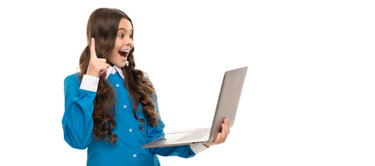 Wall Mural - amazed face of teen girl hold computer inspired with idea isolated on white, education. School girl portrait with laptop, horizontal poster. Banner header with copy space.