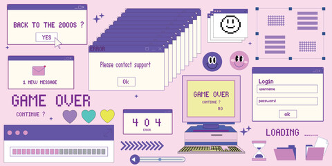 Fototapete - Big sticker set in trendy y2k style. Old computer aestethic. Retro pc elements, user interface. Nostalgia for 1990s -2000s. Glitch effect elements. Vector illustrationsold,