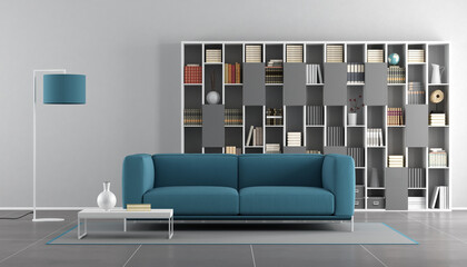 Canvas Print - Blue and gray modern living room with sofa and bookcase - 3d rendering