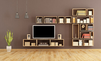 Wall Mural - Brown living room with wooden bookcase and home cinema system - 3d rendering