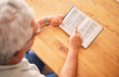 © Theron/peopleimages.com - Above, reading book or old man with holy bible for worship, support or hope in Christianity faith in retirement. Jesus, God or senior person studying or learning gospel prayer in spiritual religion