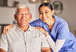 © Theron/peopleimages.com - Happy woman, nurse and portrait of senior man with support, medical service and helping patient in retirement. Face of caregiver, elderly person and smile for trust, healthcare and nursing home