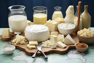 Food and culture concept. Various dairy products such as milk, cheese, cheese with mold, cream, butter, curd and others placed on European visualized map background. Generative AI