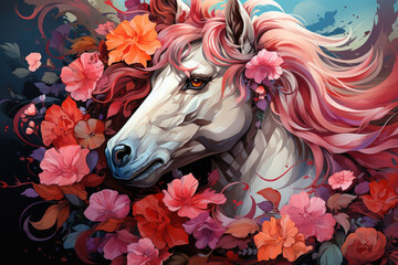 Wall Mural - Visualize a captivating floral horse with a mane made of delicate cherry blossoms, softly falling petals floating, Generative Ai