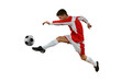 © alphaspirit - Soccer  player kicks the soccerball in the air by jumping