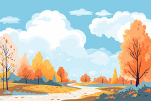 Landscape Of A Beautiful Autumn Park. Beautiful Autumn Trees, Falling Colorful Leaves, Clouds On The Bare Sky. Vector Illustration