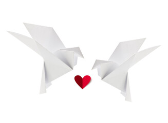 Canvas Print - Couple white loving dove of origami with red heart, isolated background