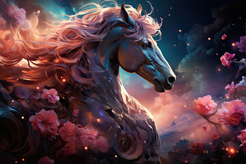 Wall Mural - Visualize a mythical floral horse with a mane crafted from ethereal wisps of mist and delicate morning dew, Generative Ai