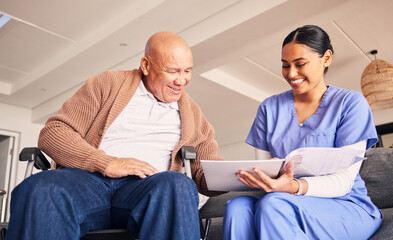 Poster - Old man, wheelchair or caregiver reading documents, history or healthcare documents at nursing home. Smile, medical records or happy nurse showing senior patient or elderly person with a disability