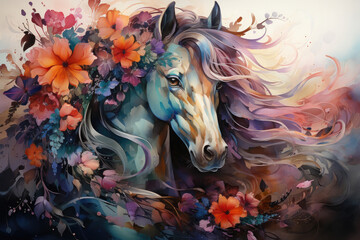 Wall Mural - Envision a whimsical floral horse with a mane made of delicate, translucent butterflies in a myriad of colors, Generative Ai