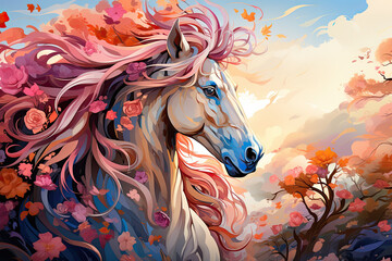 Wall Mural - Visualize an ethereal floral horse with a mane woven from delicate lavender blooms, its body adorned with a tapestry of intricate flowers in shades of pastel, Generative Ai