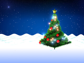 Canvas Print - Christmas tree and falling snow on stars background.3d illustration.