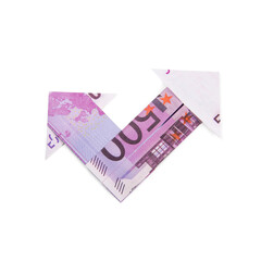 Canvas Print - Arrow origami made of euro bills on a white background