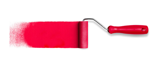 roller paint tool with long red paint track stroke isolated on white