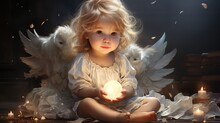 Portrait Fun Little  Girl Angel With Wings,angel With Wings, Ai Generative