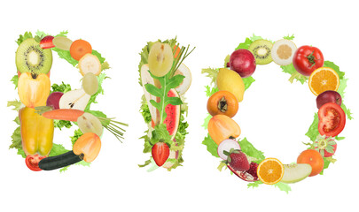 Wall Mural - Fruits and vegetables form the word bio. Healthy food for wellness concept