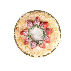 Poster - cake or tart with fresh strawberries with almonds slices, studio shot osolated over white