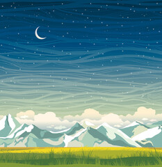 Sticker - Night landscape with mountains and green grass on a starry sky background. Summer vector illustration.