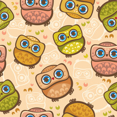 Sticker - Cartoon childish seamless pattern with funny owls. Vector wallpaper with birds.